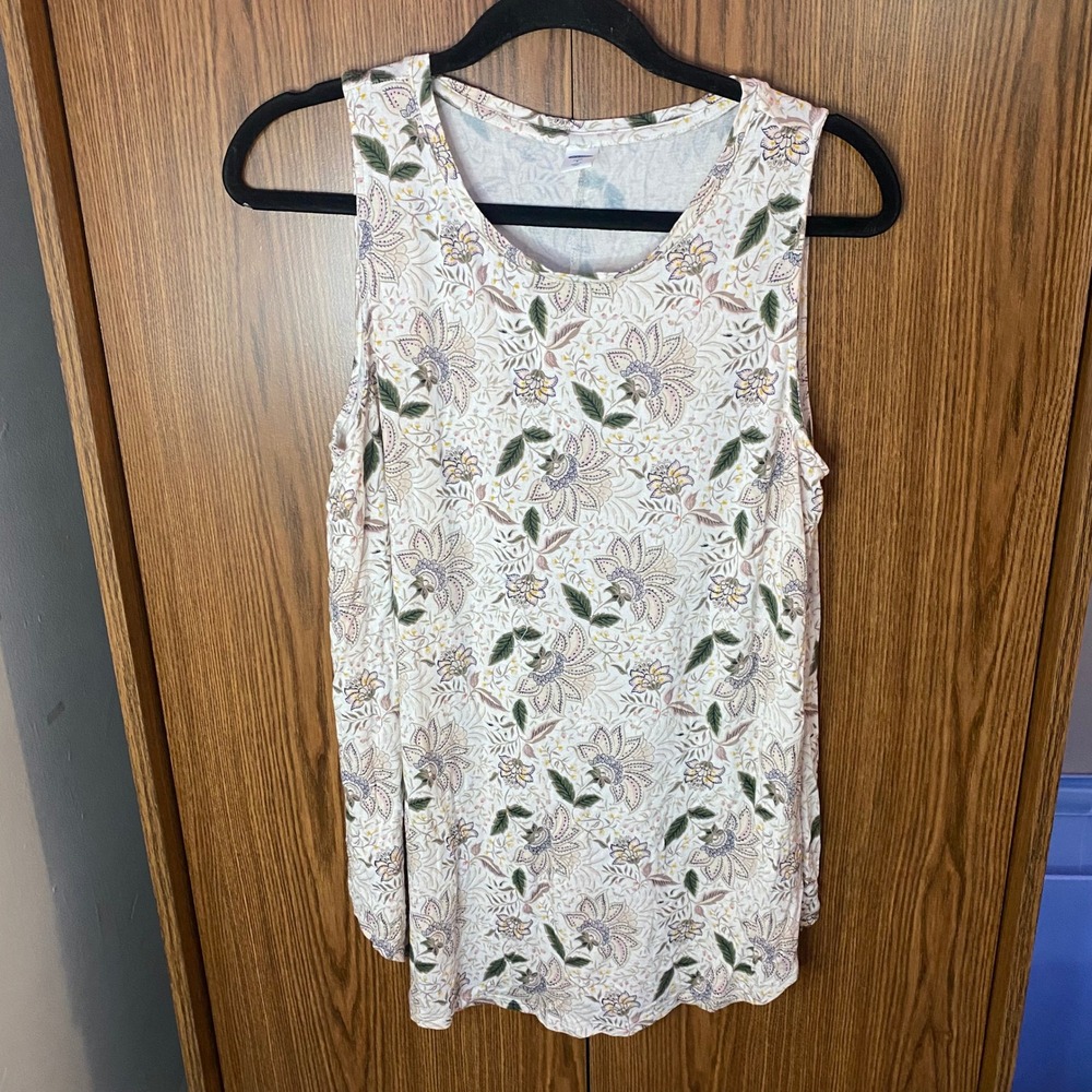 Old Navy Luxe Tank Top Women Large White Floral Paisley Sleeveless Curved Hem
